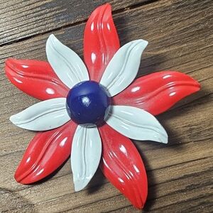 Vintage 1960s Flower Brooch Red White Blue Patriotic Enamel Mod Daisy Pin Retro